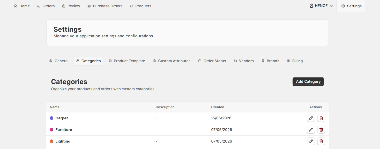 Screenshot of OrderPilot Categories