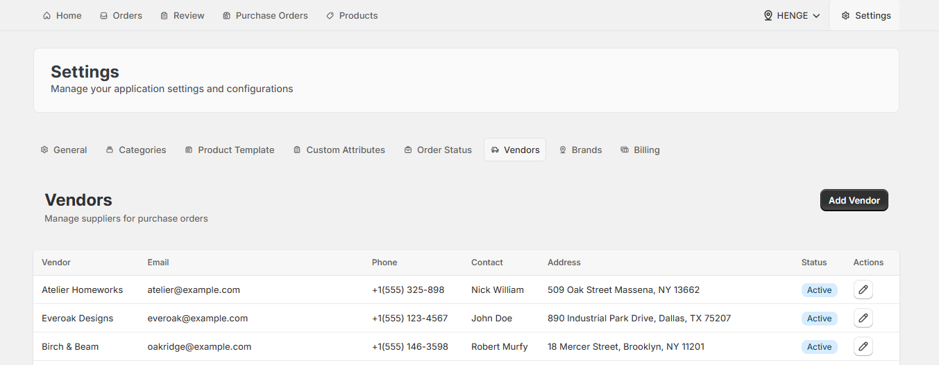 Screenshot of OrderPilot Vendors