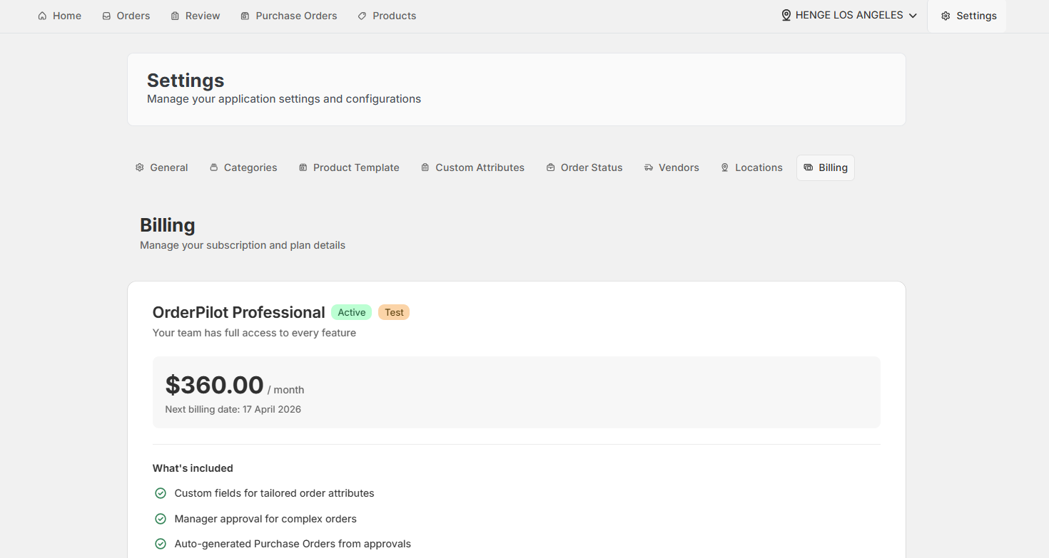 Screenshot of OrderPilot Billing