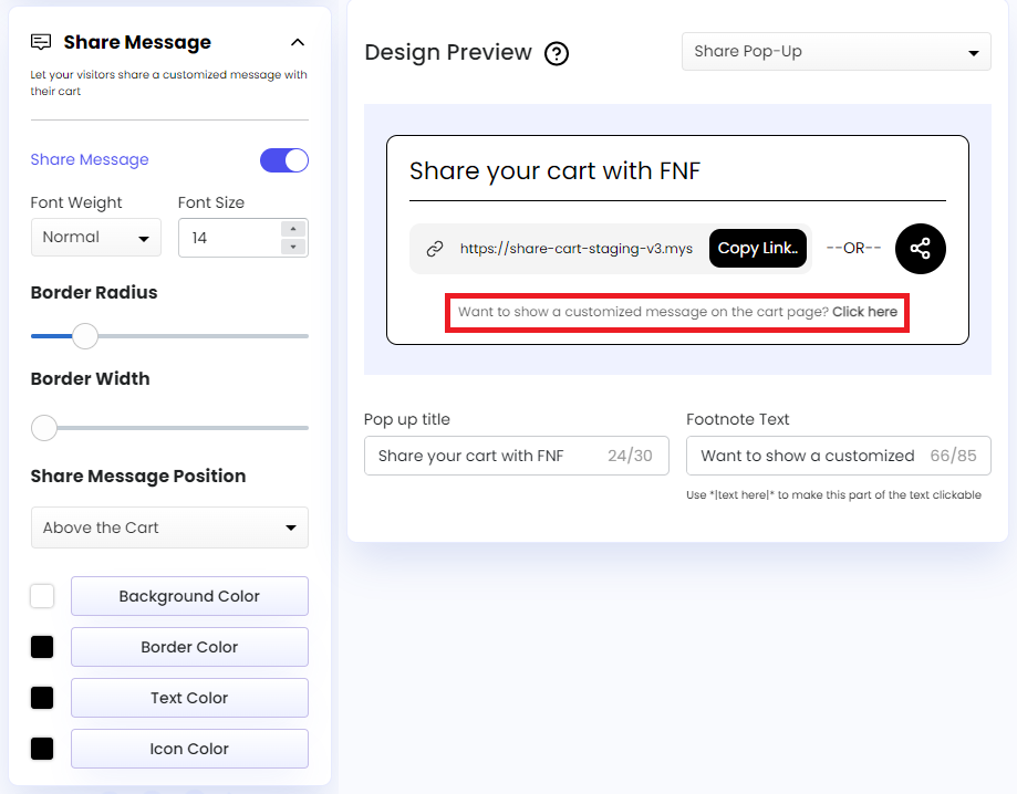 Screenshot of Share Message Footnote Text Replacement