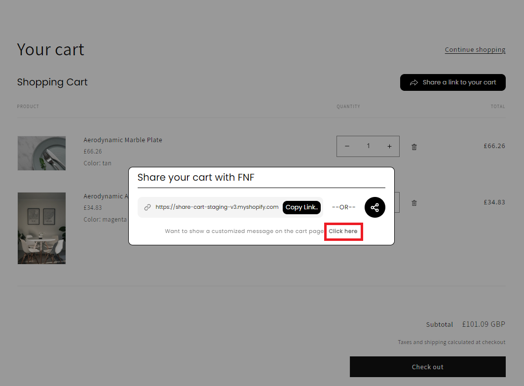 Screenshot of Share Pop-Up on Cart Page-Click here