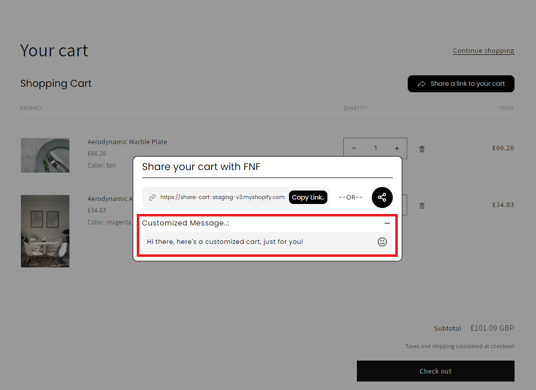 Screenshot of Share Pop-Up on Cart Page-Customized Message