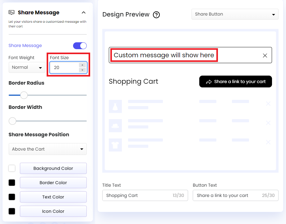 Screenshot of Share Message-Font Size