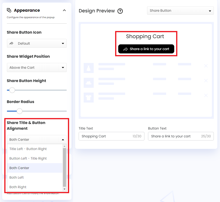 Screenshot of Share Title &amp; Button Alignment