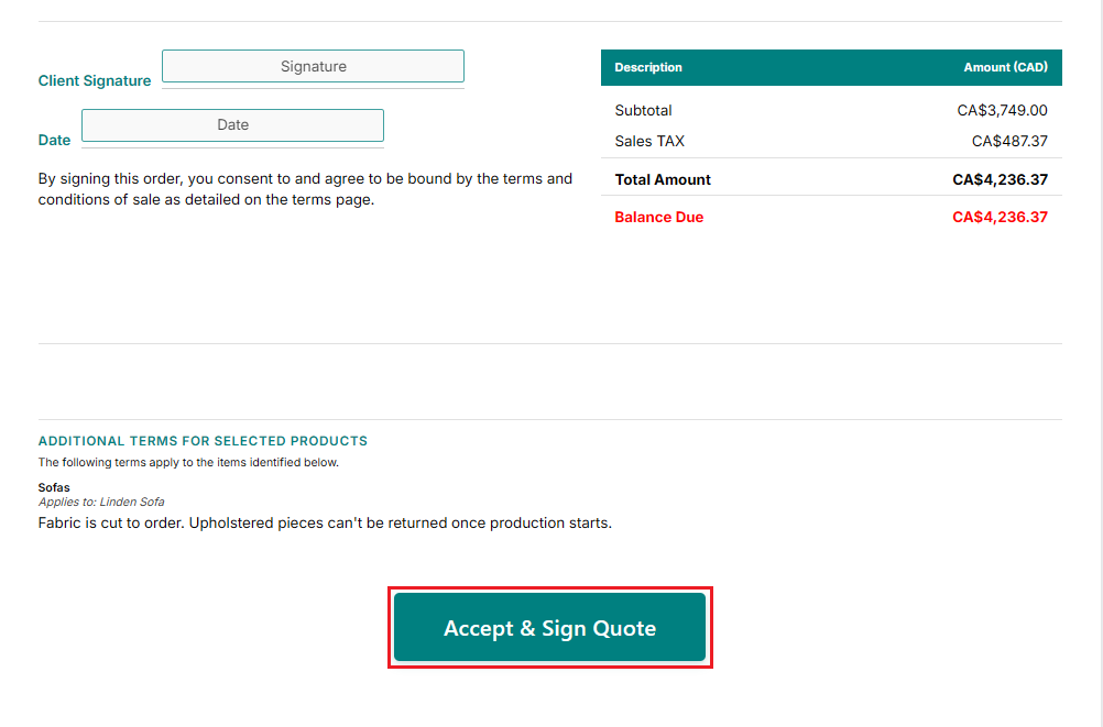 OrderPilot signing page with the Accept & Sign Quote button Screenshot of OrderPilot signing page with the Accept & Sign Quote button