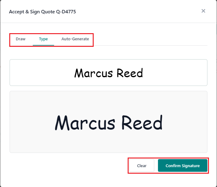 OrderPilot signature dialog with the Type tab Screenshot of OrderPilot signature dialog with the Type tab