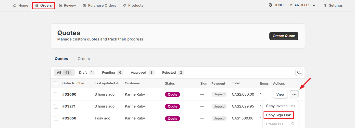 Screenshot of OrderPilot Orders Tab-Copy Sign Link