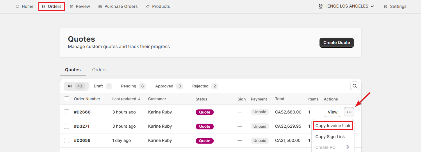 Screenshot of OrderPilot Orders Tab-Copy Invoice Link