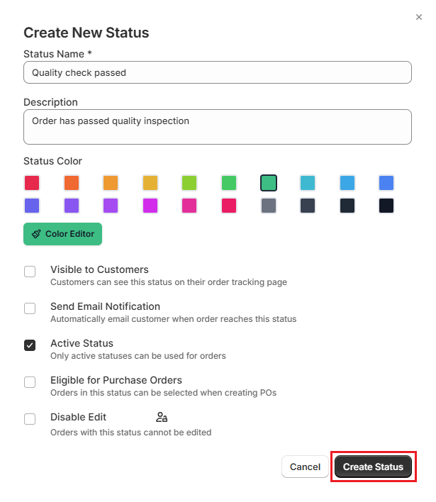 Screenshot of OrderPilot Create Order Status