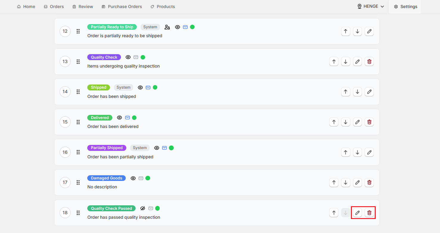 Screenshot of OrderPilot Edit and Delete Status