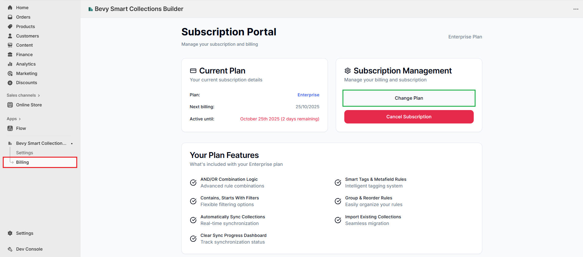 Screenshot of Smart Collections Builder Billing Page