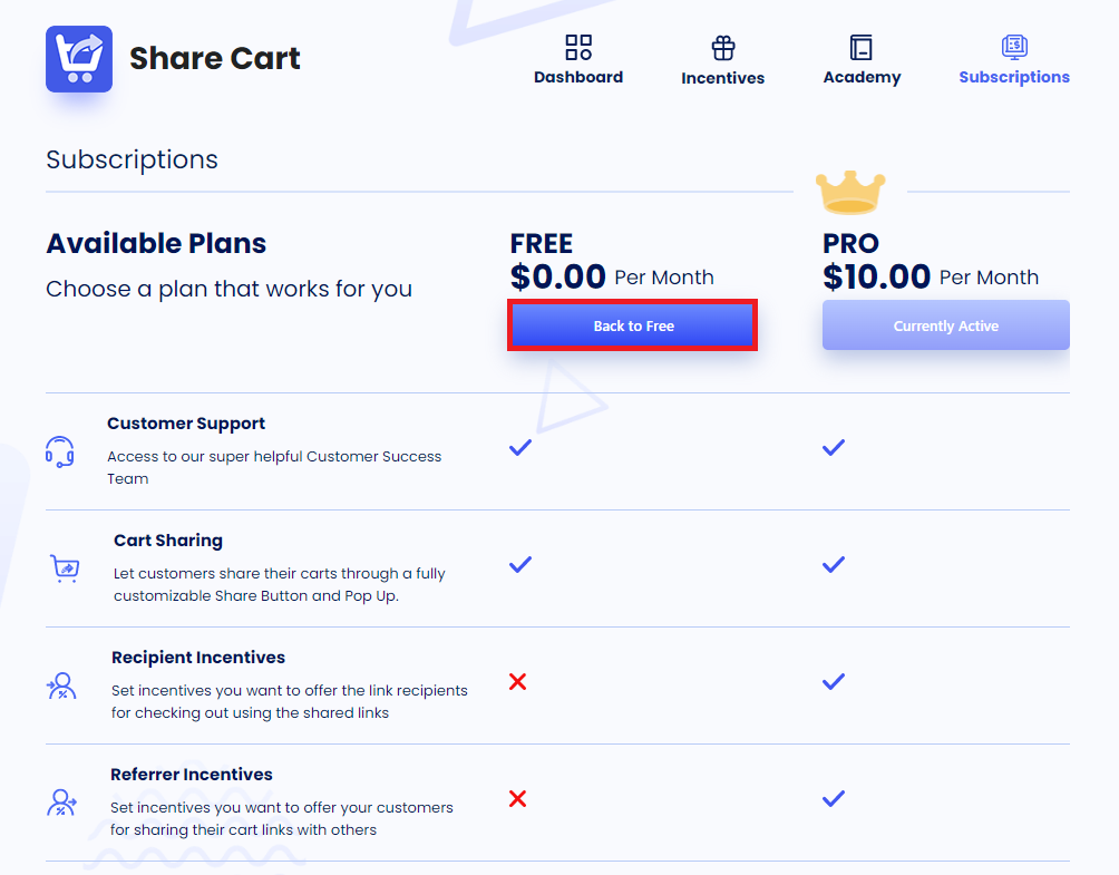 Screenshot of Share Cart Subscriptions Tab-Switching Back to FREE Plan