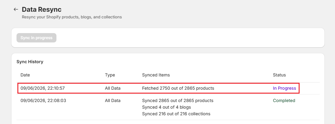 Surge Resync Data-In Progress Screenshot of Surge Resync Data-In Progress