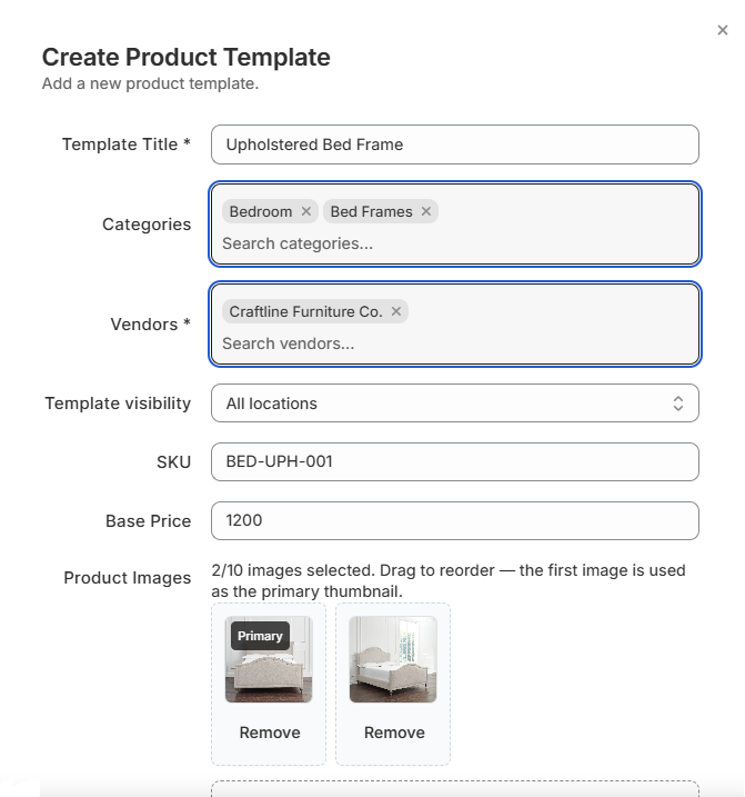Screenshot of OrderPilot Create Product Template