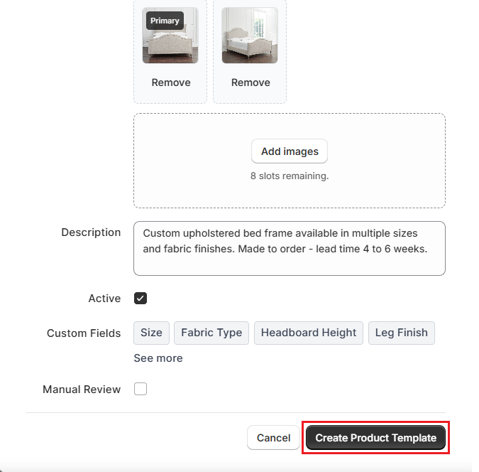 Screenshot of OrderPilot Create Product Template