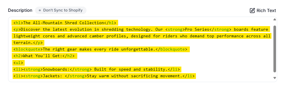 Screenshot of Smart Collections Builder HTML Editor