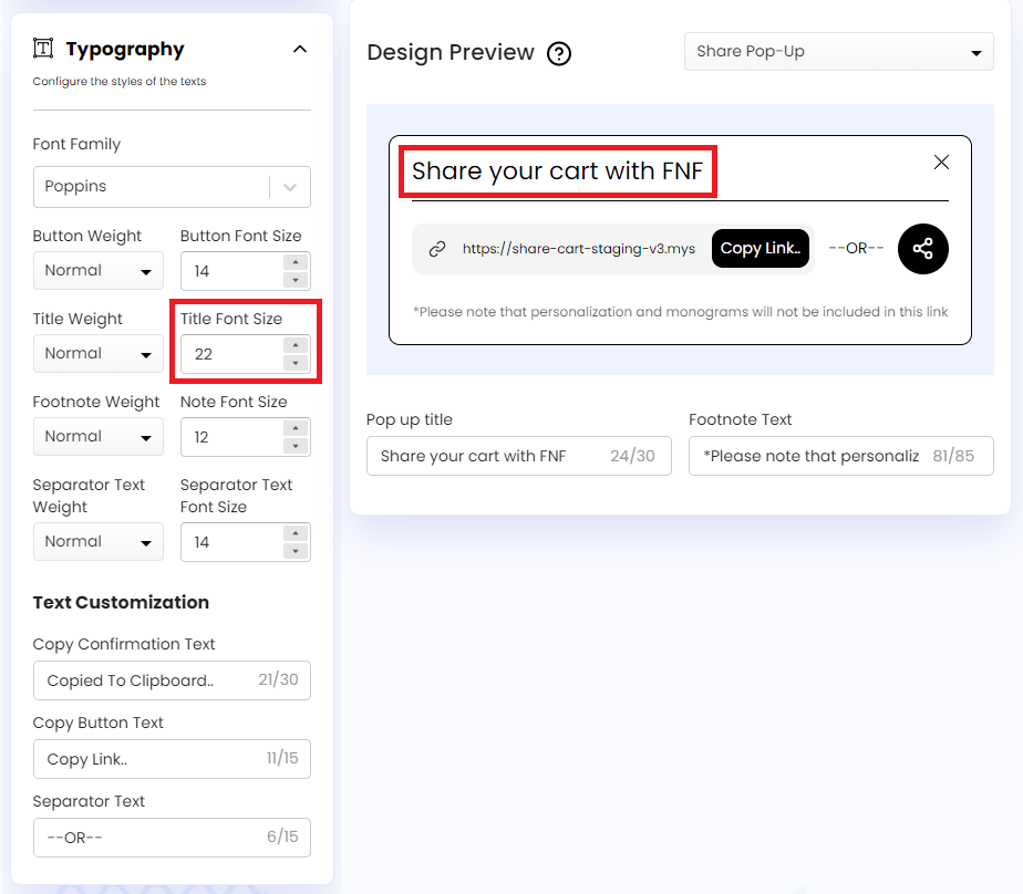 Title Font Size-Share Pop-Up
