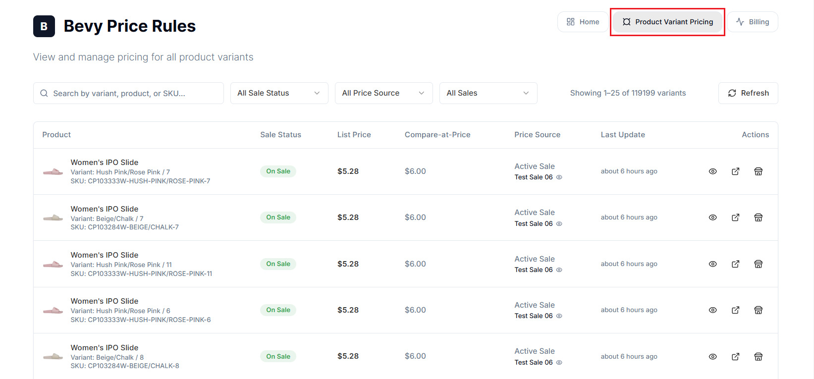 Screenshot of Price Rules Product Variant Price Dashboard