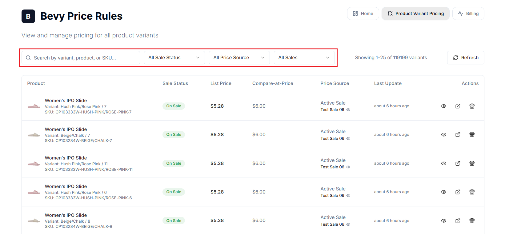 Screenshot of Price Rules Variant Price Dashboard-Search and Filters
