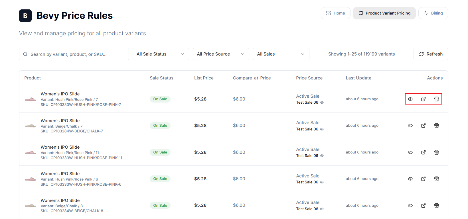 Screenshot of Price Rules Variant Price Dashboard-Actions