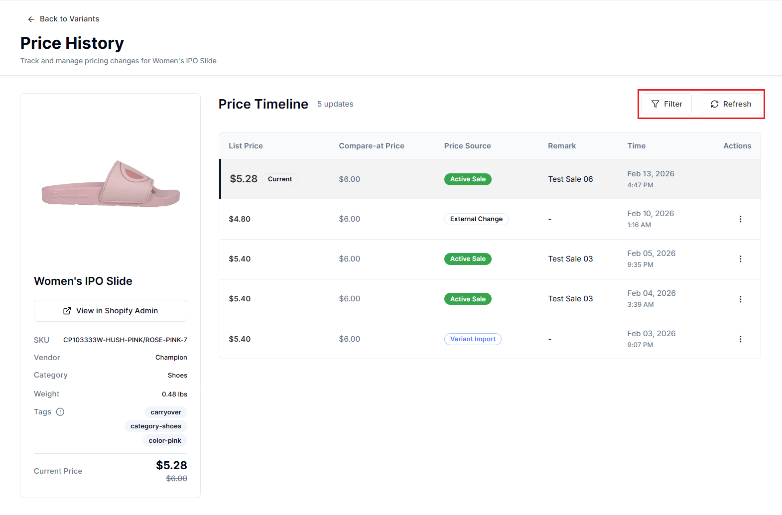 Screenshot of Price Rules Variant Price History-Manage View