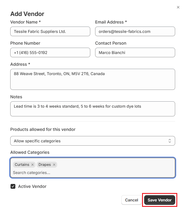 OrderPilot Create and Save Vendor Screenshot of OrderPilot Create and Save Vendor