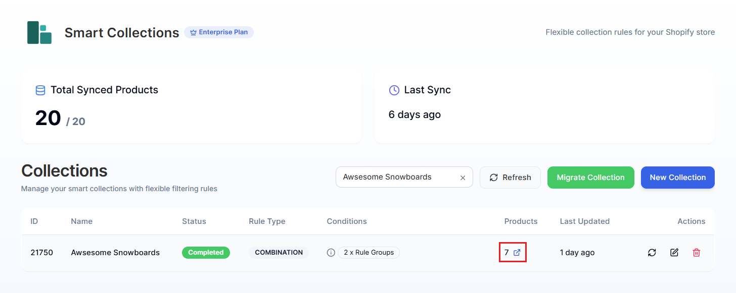 Smart Collections Builder Dashboard-Viewing Products Screenshot of Smart Collections Builder Dashboard-Viewing Products