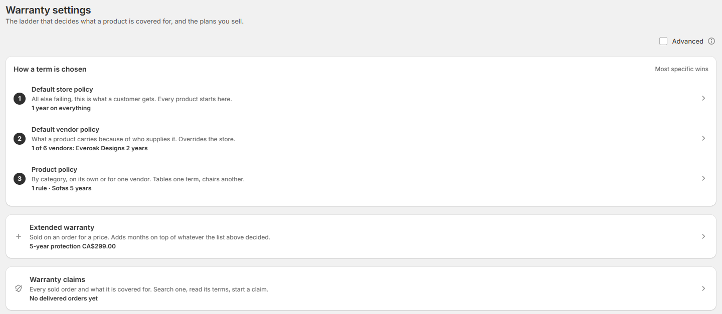 Screenshot of OrderPilot Warranty Settings