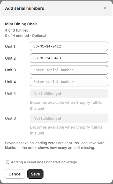 Screenshot of OrderPilot Add Serial Numbers Dialog